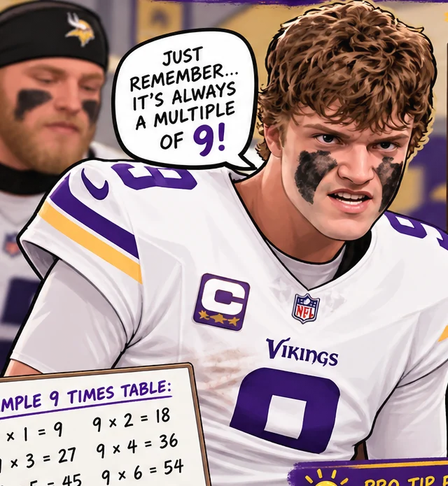 Cartoon JJ McCarthy in a Vikings number 9 jersey